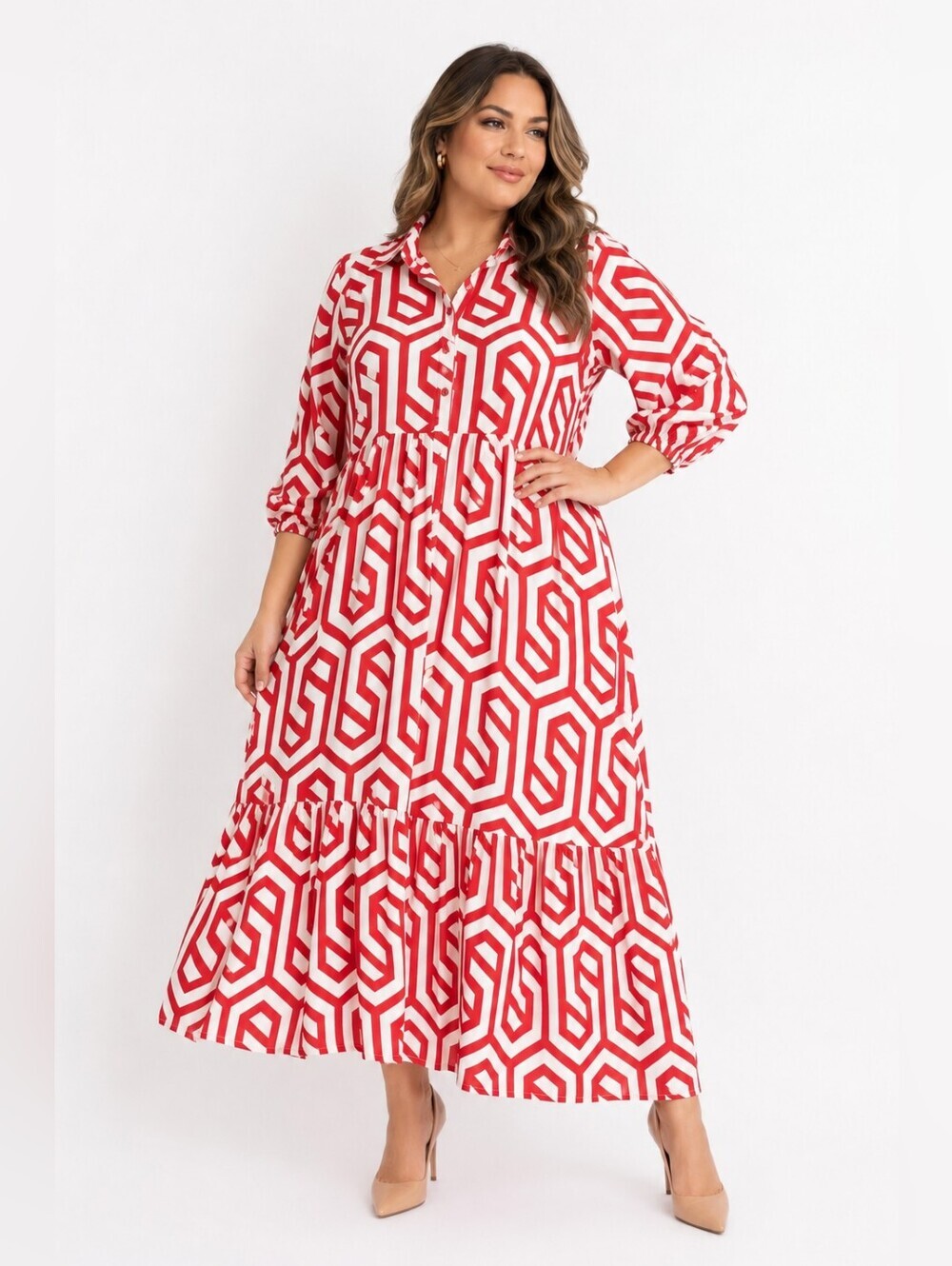 Marianne Women's Red & White Geometric Print Tiered Midi Dress Size 1X .